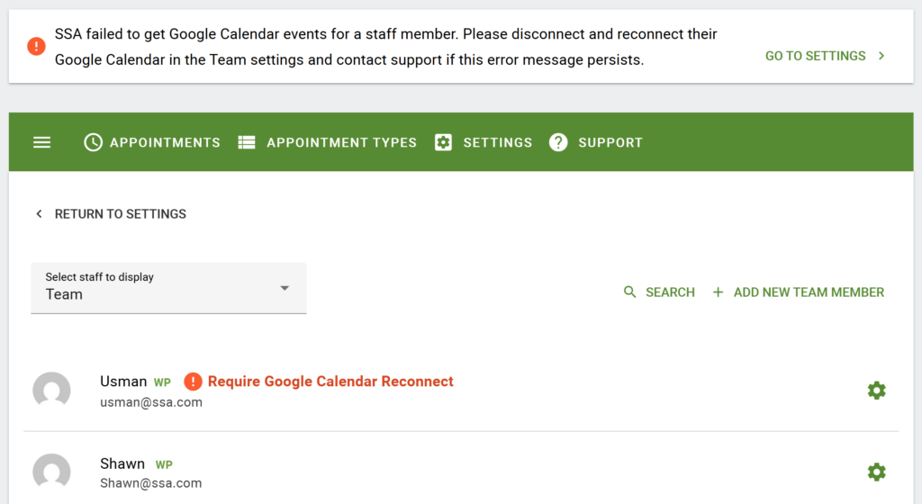 An error for team member incorrectly connected google calendar
