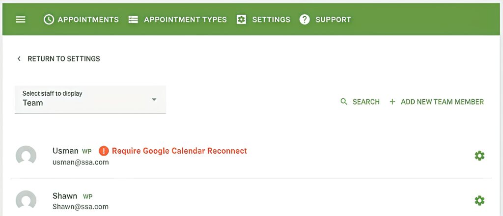 Reconnect Google Calendar is displayed in the Team Settings option