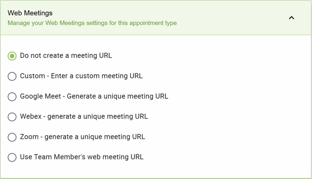 Clicking through the Web meeting options within the Appointment Type Settings