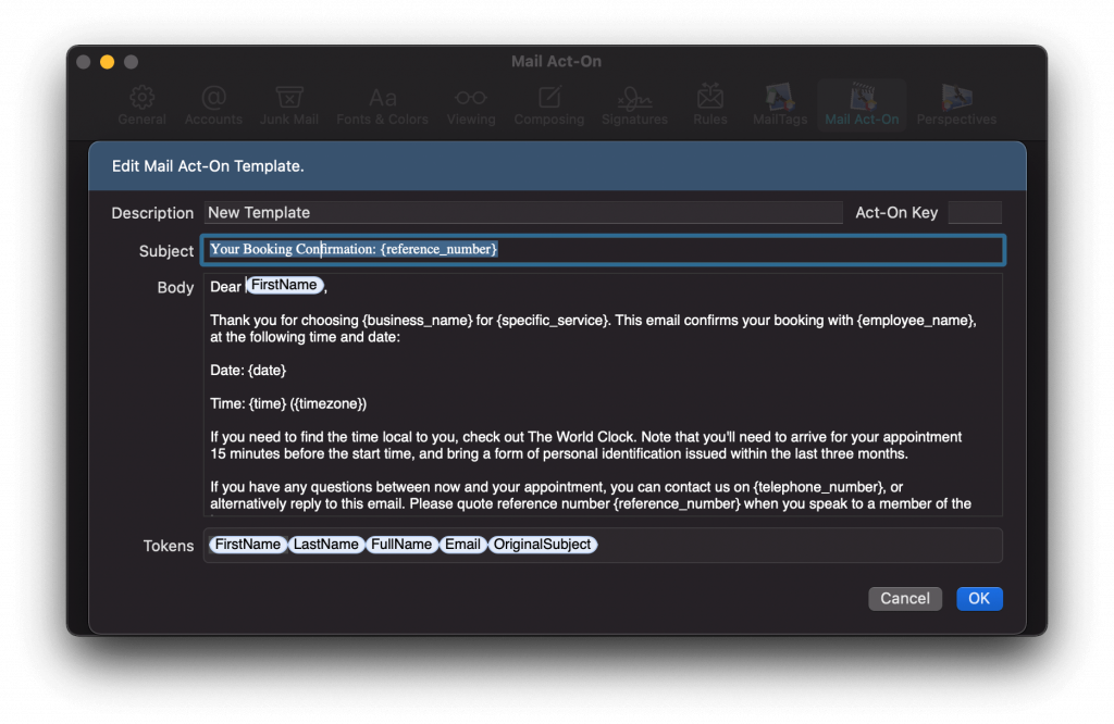 A canned response from Apple Mail.