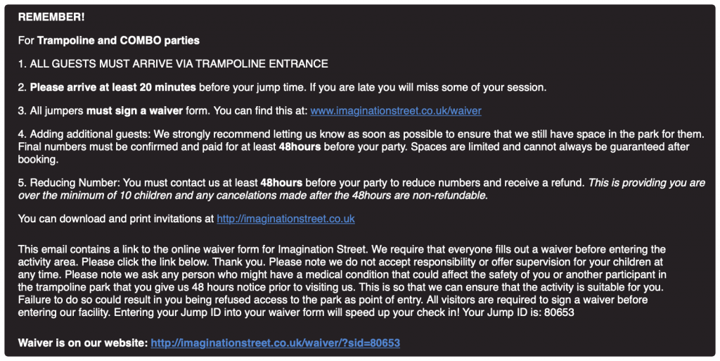 Extra information on a booking confirmation.