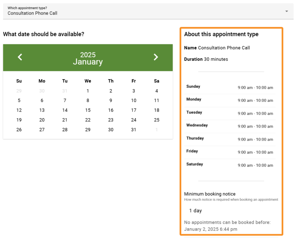 Arrow pointing at Appointment Type availability settings inside Availability Detective