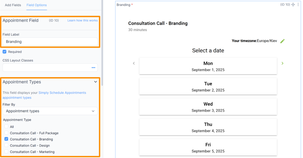 The screenshot displays the Appointment field selections within Formidable Form.