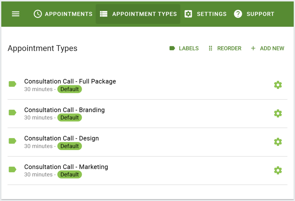 Screenshot depicting the Appointment Types created.