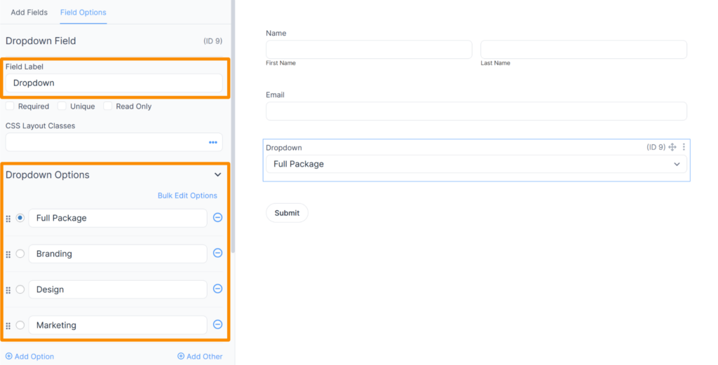 Dropdown options that gets created in the Formidable Forms
