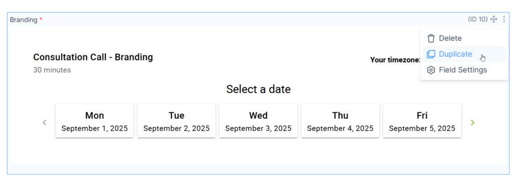 The screenshot displays how to duplicate the appointment field within Formidable Form