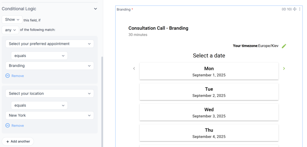 Screenshot displays setting up Multiple Conditional Logic Rule