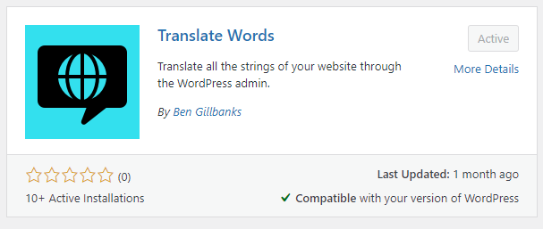 Screenshot depicting the Translate Words plugin