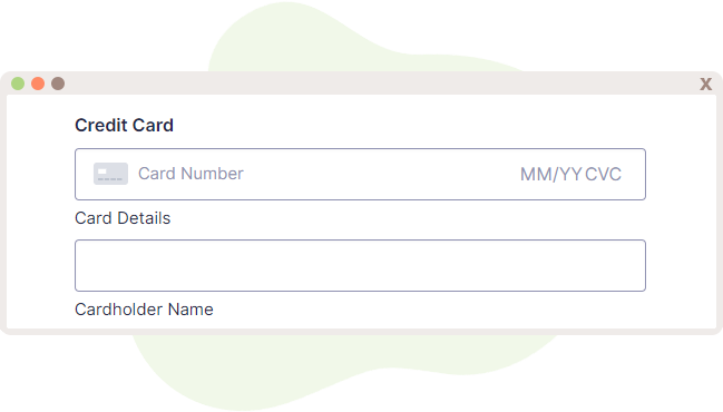 Stripe Card field displays the Credit Card input field and Cardholder name field