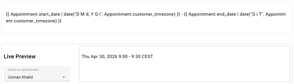 Timezone with end date/time displayed.