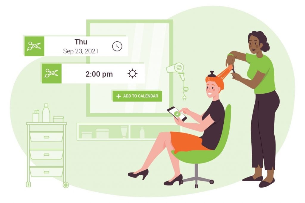 Woman styling her clients hair while she books another service appointment on her phone.