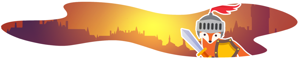 Banner displaying a kingdom and a formidable Foxy equipped with a Knight helm, sword, and shield.