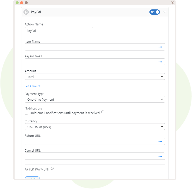 PayPal Action that displays various options to customize the action for Formidable Forms Appointment Booking.