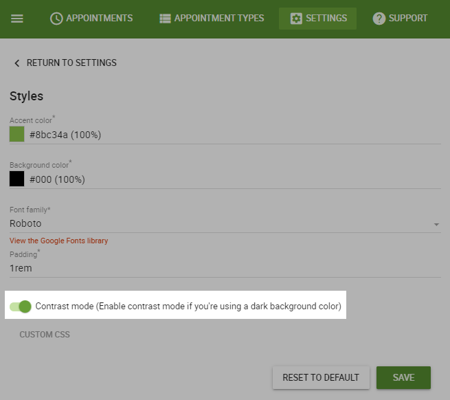 Contrast Mode can be determined within the Styles Settings for accessibility in SSA.
