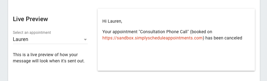 Live preview of the canceled appointment email viewed by customer.