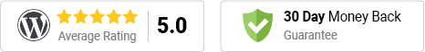 Icons showing that Simply Schedule Appointments has a 5 star average on Wordpress.org and that we offer a 30-day refund period