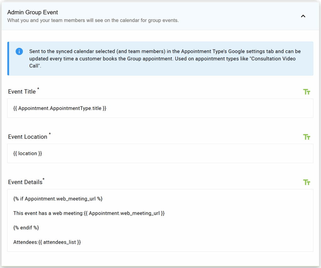 The Group Event Editor displaying the Event Title, Location, and Detail fields