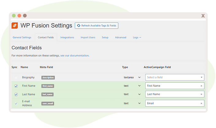 Custom Fields section within WP Fusion