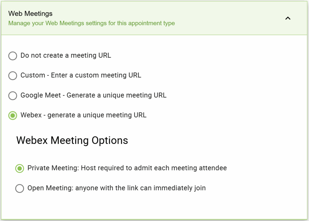 Using the Webex meeting link option to generate a private or open meeting link for appointments