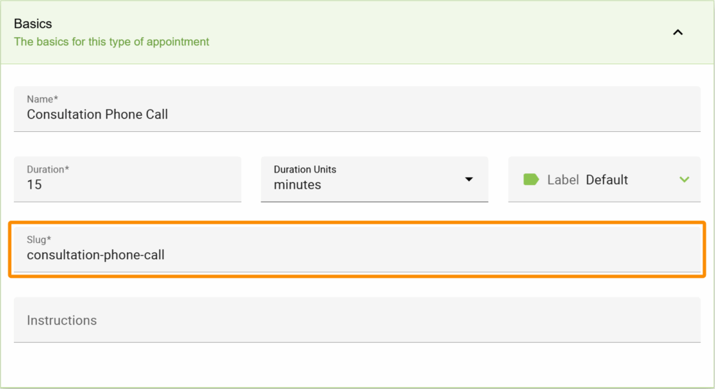 Basics Settings overview with Slug section outlined