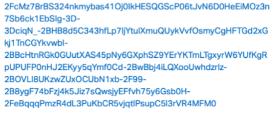 Screenshot of a jumbled link in an email message - link contains dozens of characters including numbers, letters and dashes.