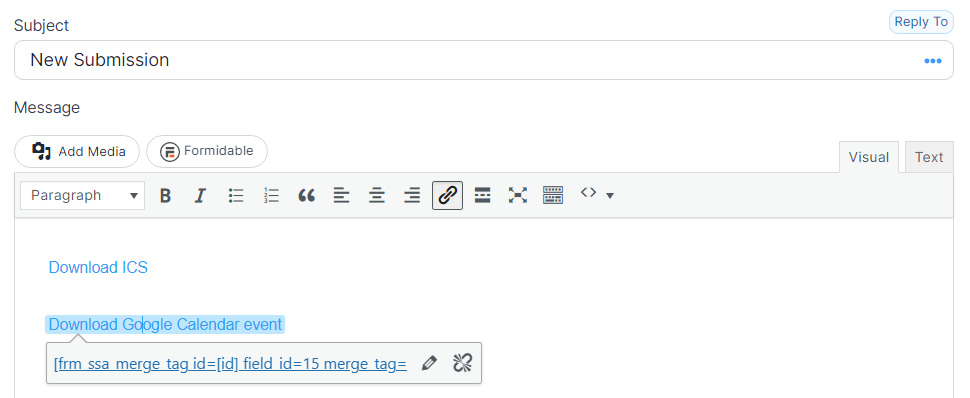 Use the merge tag in the URL of the link to display a pretty link