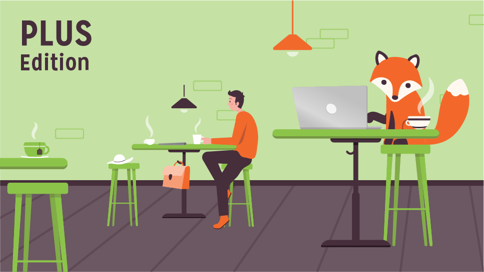 Plus Edition guide; Foxy in a cafe with a cup of steaming hot coffee.