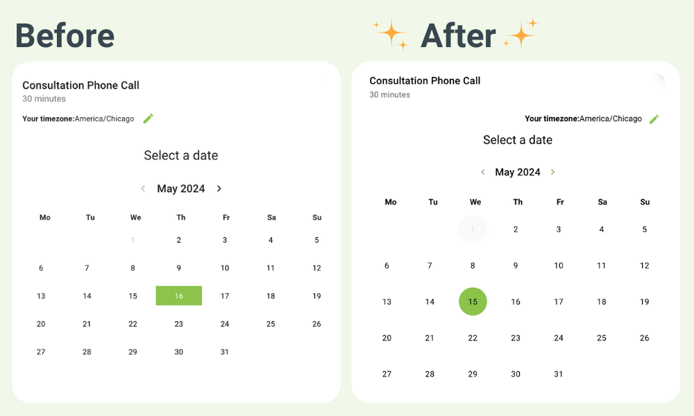 Visual comparison of the date selection screens between the old and new booking apps. 