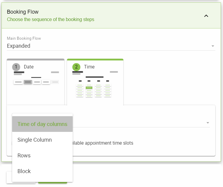 Booking flow tab in the Appointment Type settings, depicting the View options.