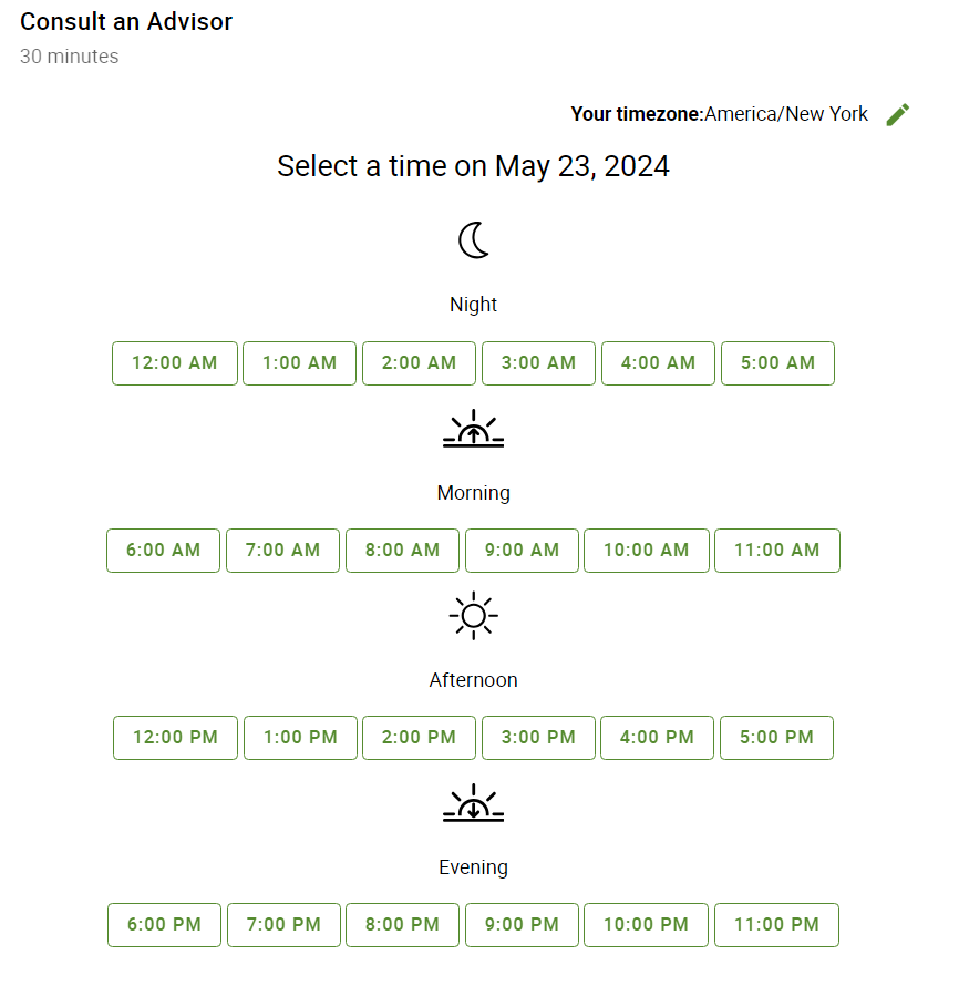 Time slots displayed in row with time categories depicted.