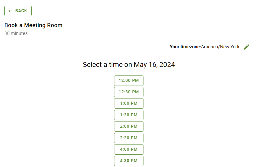 List of time slots displayed in one singular column.