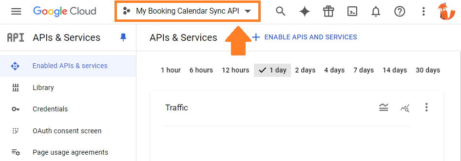 Navigate to the dropdown depicting the projects by the Google Cloud logo and select the correct project.