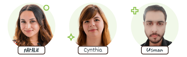 Support Team Profile Photos with their names printed "Natalie, Cynthia, Usman".