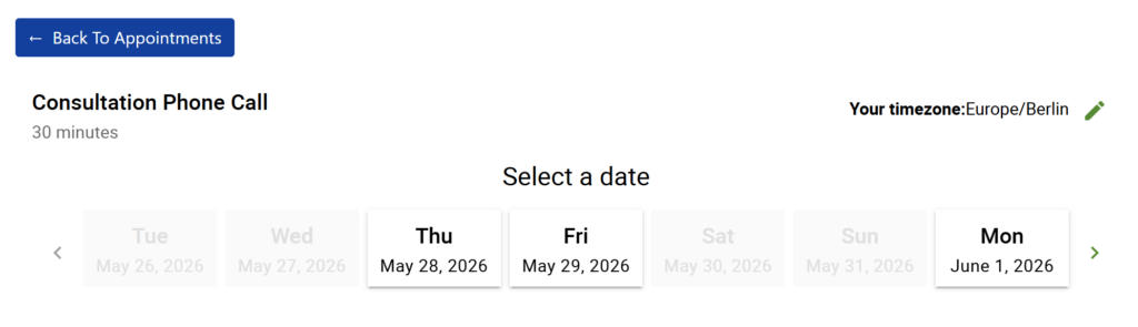 Screenshot of booking an Appointment on the Members Page.