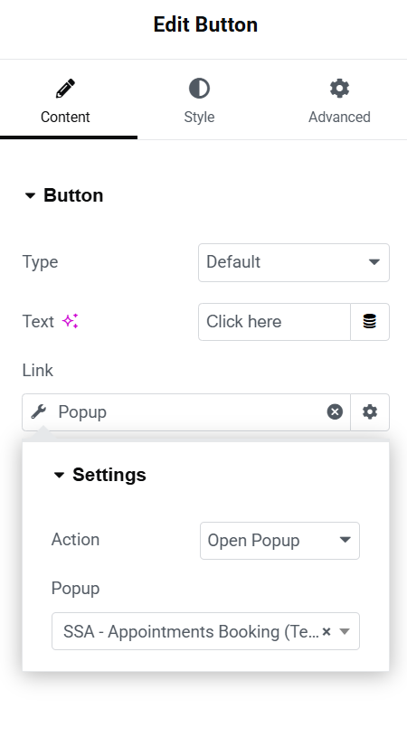 Button Settings to Open Popup